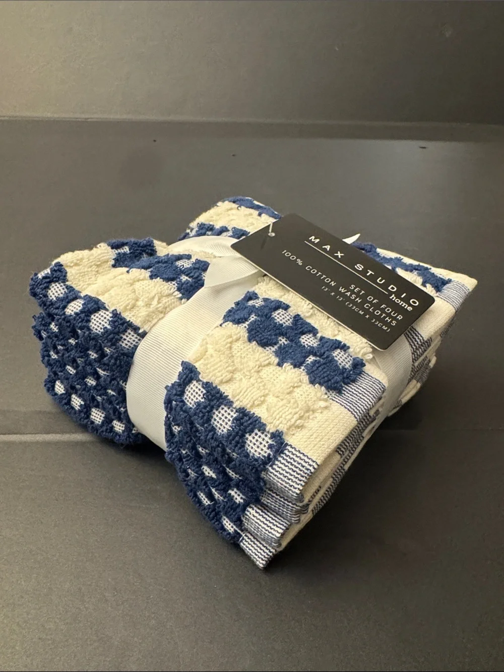 8pc MAX STUDIO 100% Cotton Textured Bath Towel Set - Blue/Off White